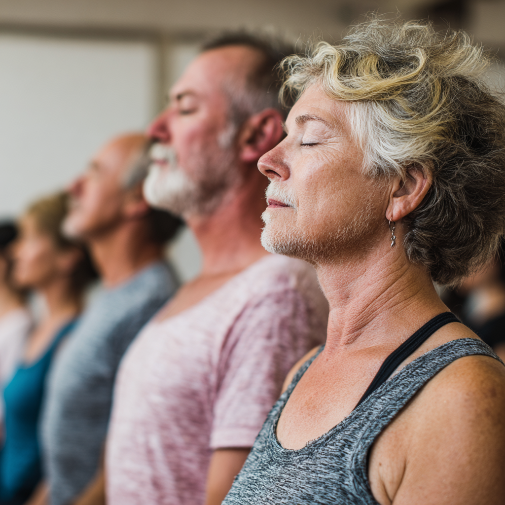 Group of middle-aged adults in peaceful yoga session focusing on breathing and gentle movement