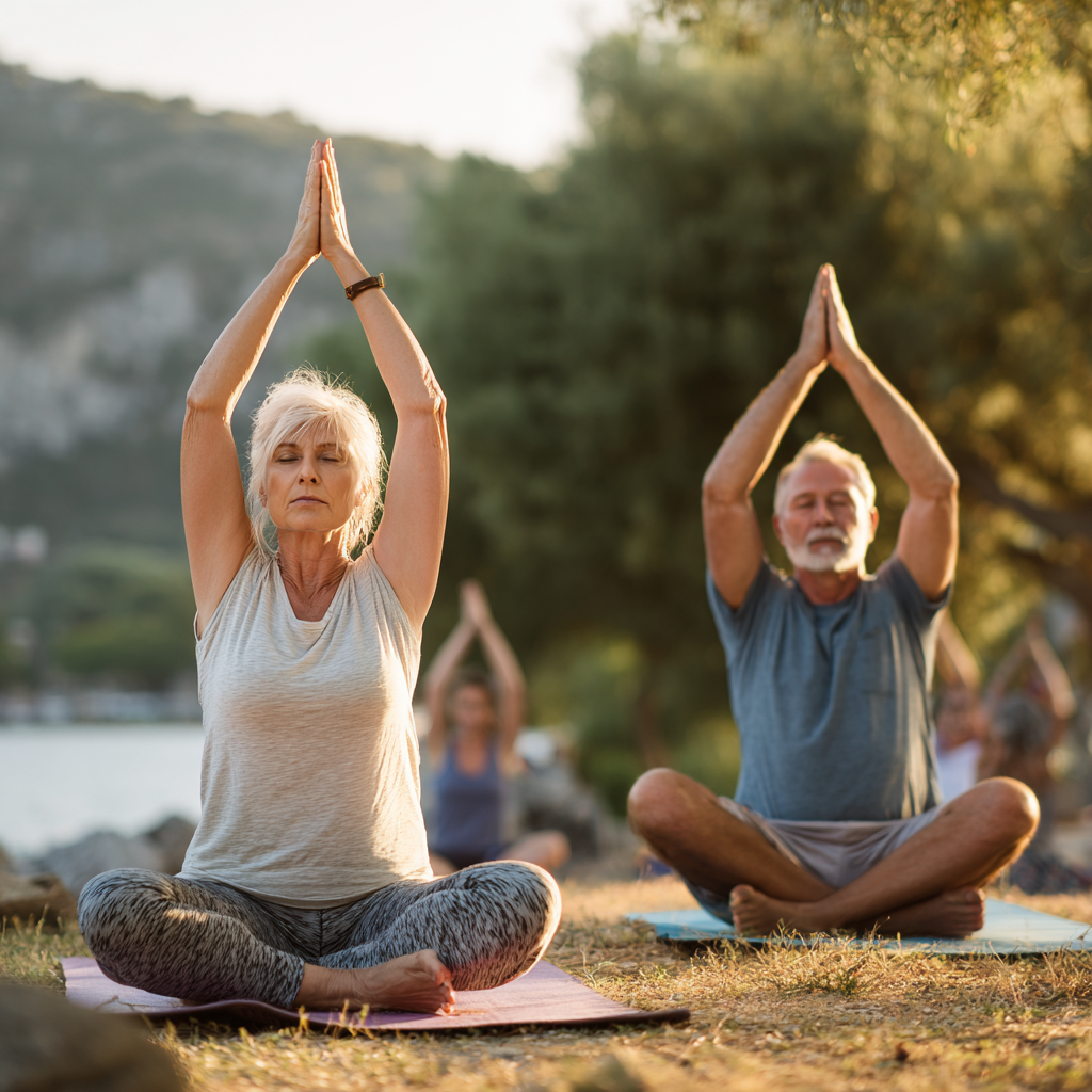 Middle-aged adults practicing gentle yoga in serene natural setting